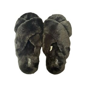 Victoria's Secret PINK Black Faux Fur Criss Cross Slippers Slides Size L 9-10